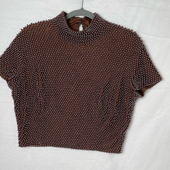80's VTG VIE by Victoria Royal Brown Pearl Beaded Crop Top Size 12 - Picture 1 of 8